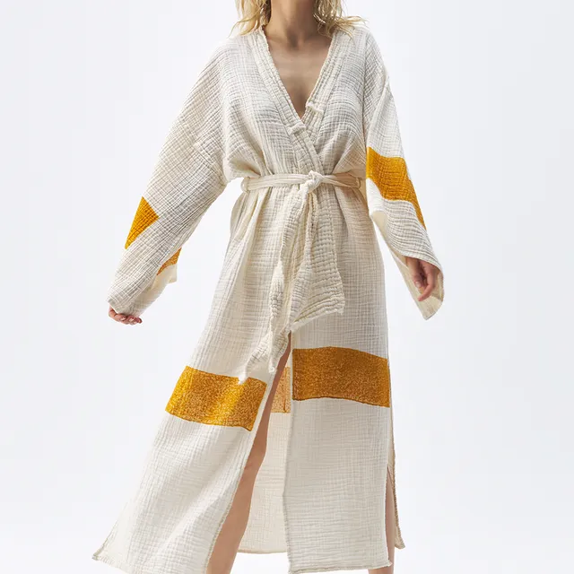 Crinkle Yellow Block Print Kimono (#3176)