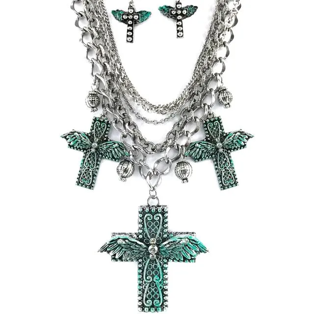 Angel Wing Cross Pendant Silver Patina Necklace Earring Set