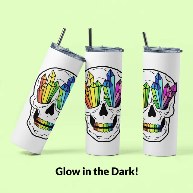 Rainbow Skull Tumbler (Glow in the Dark) - Tall 20oz Tumbler + Reusable Plastic Straw