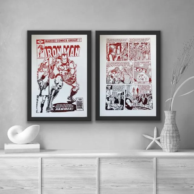 Set of 2, Iron Man Comic Cover & Comic Strip Foil Prints