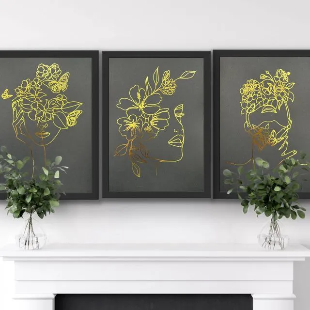 Set of 3, One Line Face Foil Prints Black/Gold