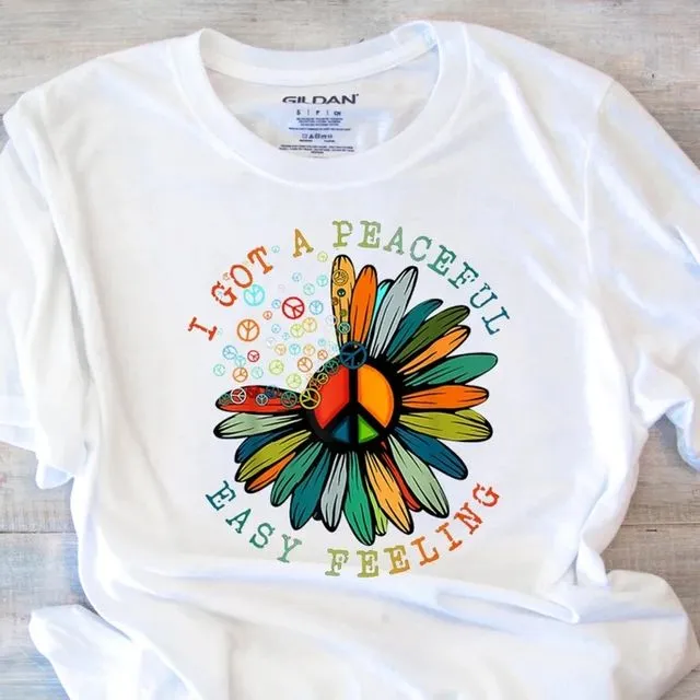 “I’ve Got a Peaceful Easy Feeling” T-Shirt with Sunflower and Peace Signs