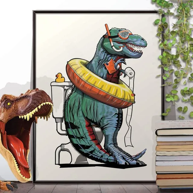 T. Rex Dinosaur on the Toilet, Funny Bathroom Humour Poster