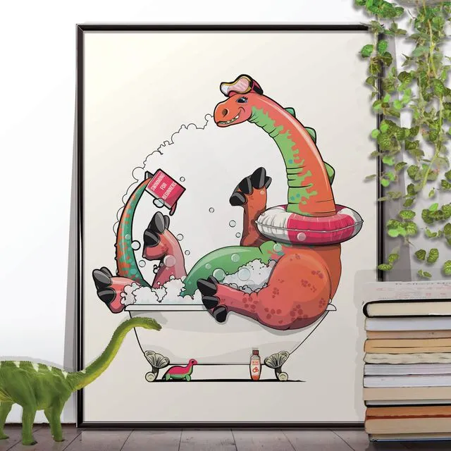 Dinosaur Diplodocus in the Bath, Funny Bathroom Humour Poster