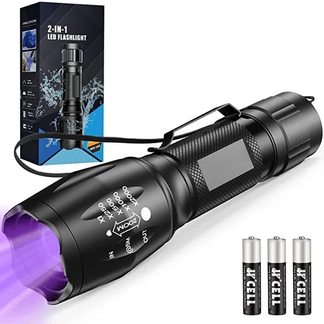 MOWETOO UV Torch LED Torch 2 in 1 Black Light with 4 Modes Waterproof 395nm UV Light Super Bright 500lm for Inspection Pet Urine Detecting Camping Including Accessories 3 AAA Batteries