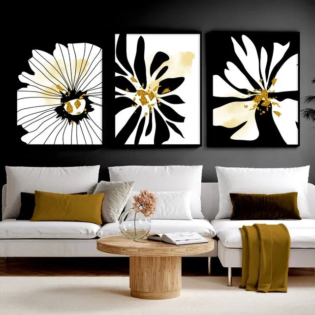Black and Gold Modern Botanical set of 3 framed wall art prints for Luxury living room decor