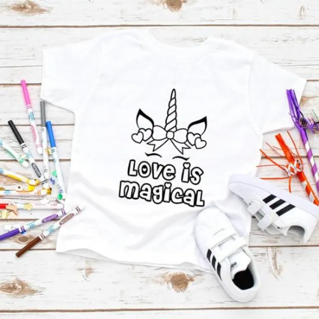 “Love is Magical” Youth Coloring T-Shirt with Unicorn. Washable Markers Included!