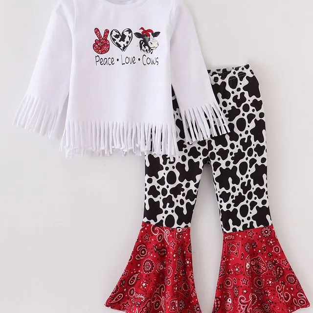 Peace Love Cows Fringe Bell Bottom Pant Set, Girl Boutique Outfit
