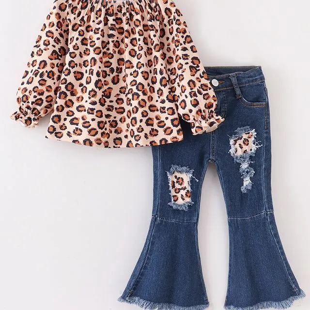 Cheetah Leopard Distressed Denim Bell Pants Set, Girl Boutique Outfit