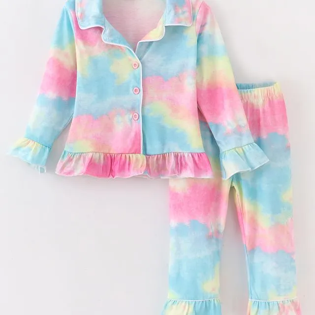 Tie-dye Ruffle Pajama Sleepwear Set, Girl Lounge Set