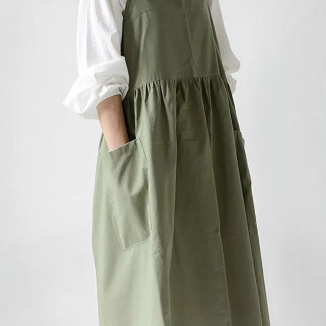 Apron - Loose button back cotton linen apron - Khaki Green
