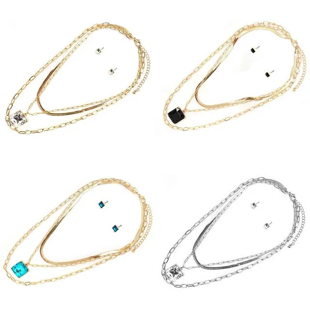 LAYERED CHAIN ROUND STONE EARRINGS & NECKLACE SET ( PACK OF 12 )