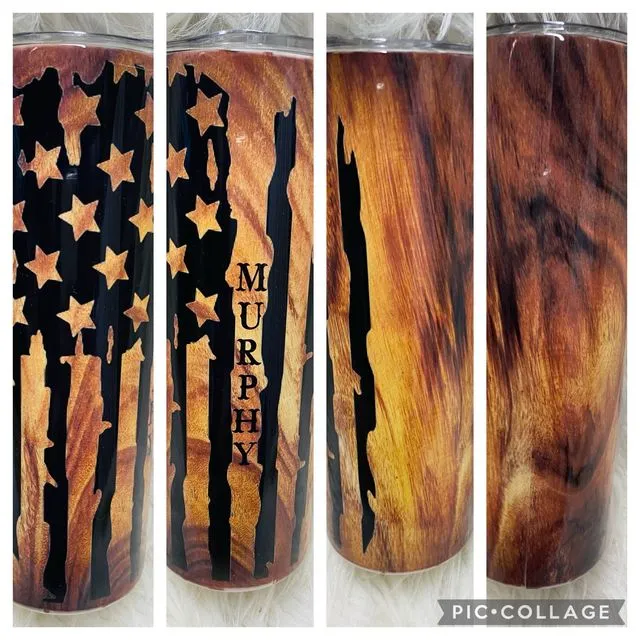 Wood grain With American Flag & Name ?20oz Skinny Tumbler