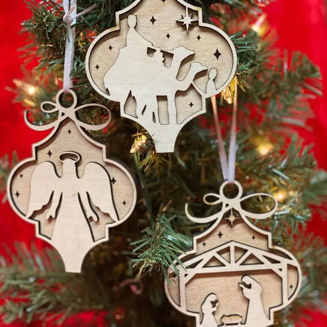 Wood Engraved Ornaments Nativity, Shepherd, Angel Shepherds
