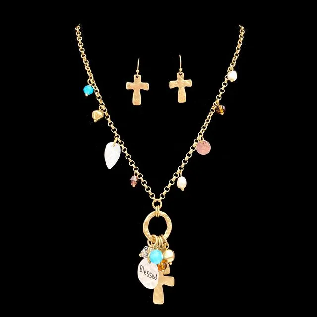 Blessed and Cross Charms Princess Necklace Earring Set