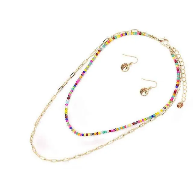 LAYERED GLASS BEAD CHAIN NECKLACE & EARRING SET ( PACK OF 12 )