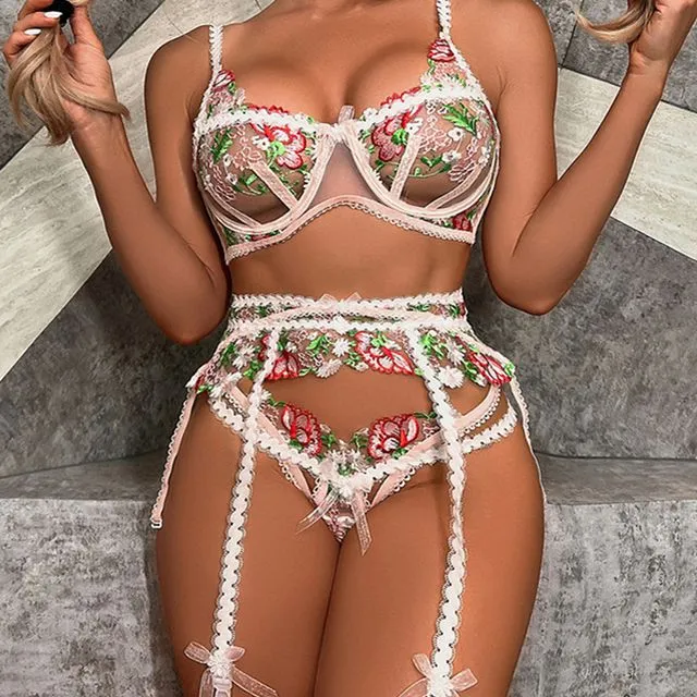 Colorful High-End Embroidered Flowers Sexy Lingerie Set