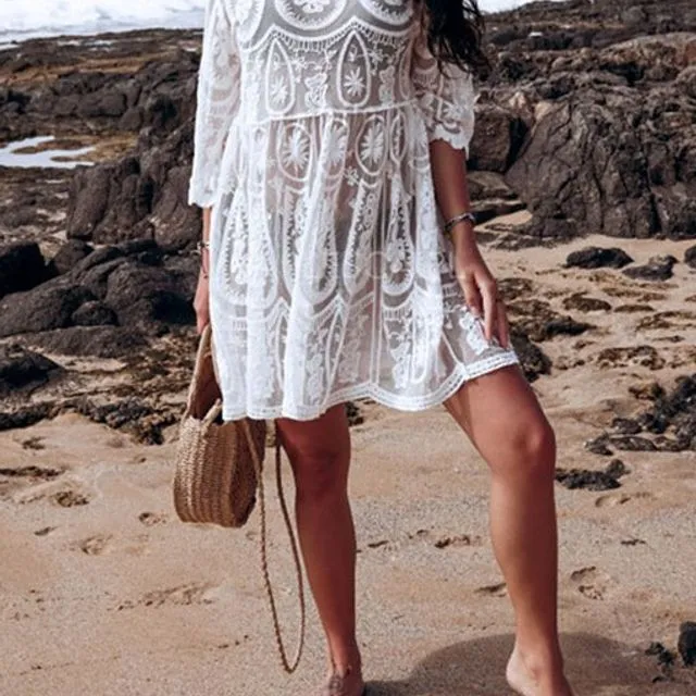 Lace Embroidered Backless Beach Cover-Up