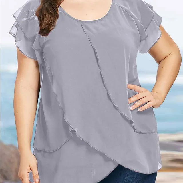 Pure color short-sleeved round neck stitching chiffon top T-shirt