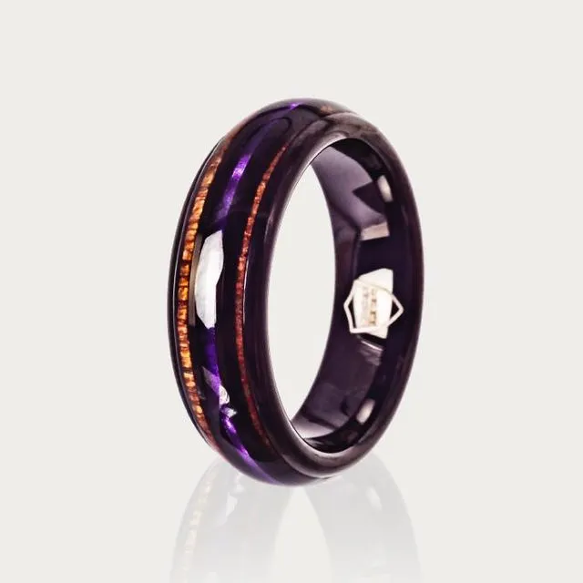 'Purple Potion' Lead Free Koa Wood and Tungsten Carbide Ring