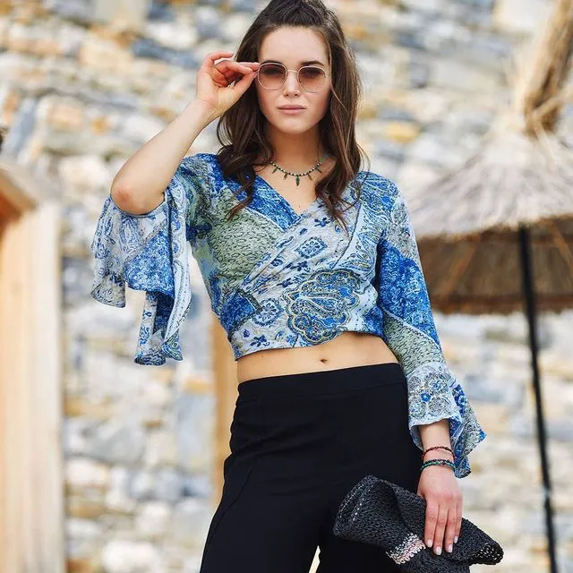 Blue Patterned Gypsy Style Bell Sleeve Crop Top