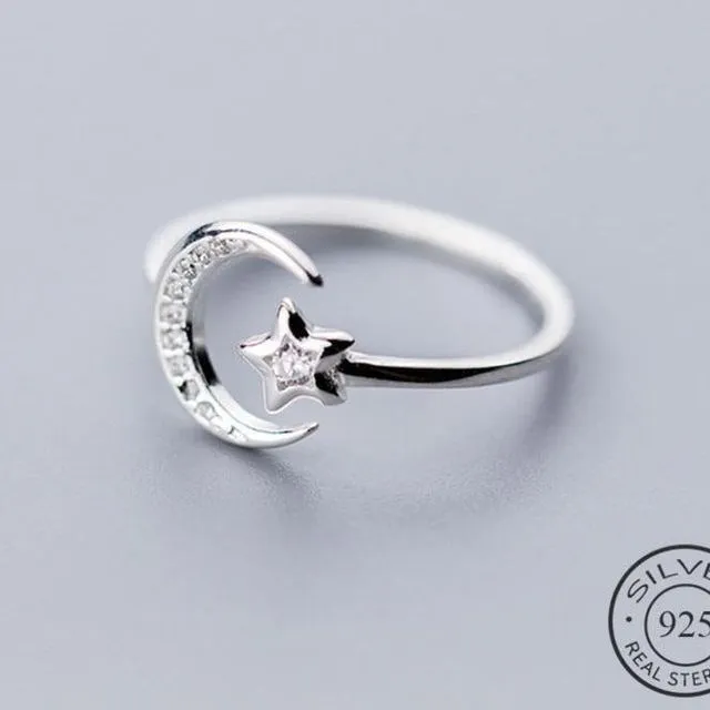 Moon and Star Sterling Silver Adjustable Ring