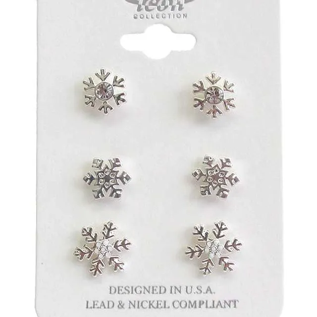 Snowflake Stud Earrings - 3 pair set
