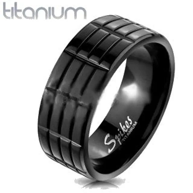 Triple Grooved Solid Titanium Black IP Band Ring