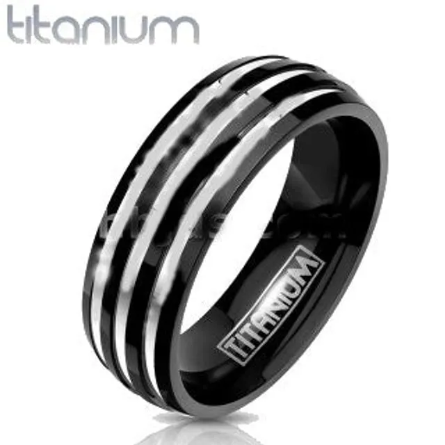 Three Stripes on a Black Band Ring Solid Titanium