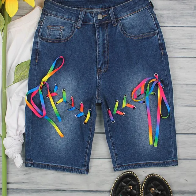 Rainbow Lace-Up Denim Bermuda Shorts