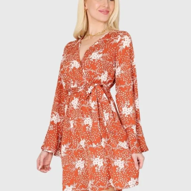Floral Mix Dot Print Flared Sleeve Dress | SMLXL(1-1-1-1)/1Pack