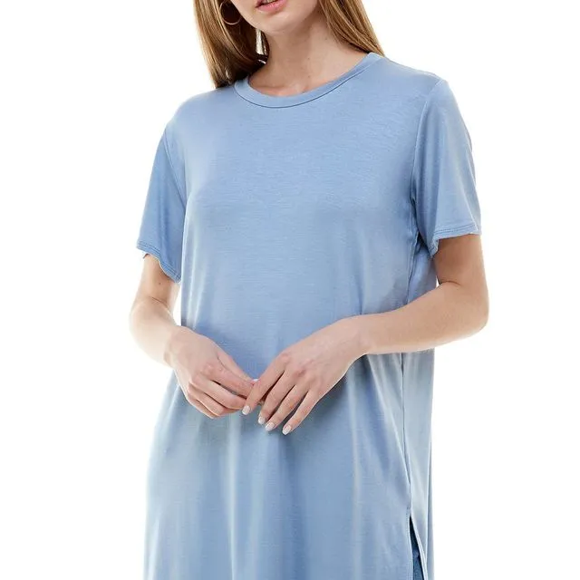 Dusty Blue Azules Women's Short Sleeve Side Slit Soft Loose Casual Pullover Tunic Tops [Made in USA] - Prepack 2(s)-2(m)-2(l)-2(xl)