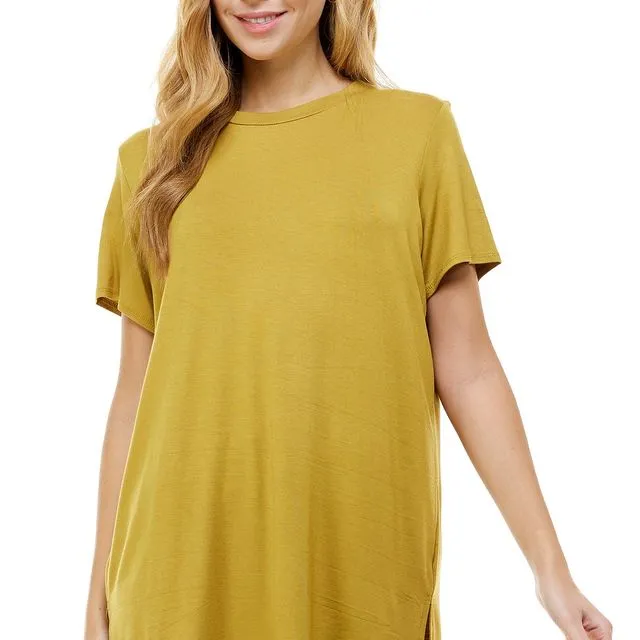 Dark Mustard Azules Women's Short Sleeve Side Slit Soft Loose Casual Pullover Tunic Tops [Made in USA] - Prepack 2(s)-2(m)-2(l)-2(xl)