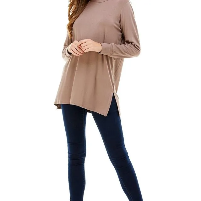 Dark Brown Azules Women's Long Sleeve Side Split Loose Soft Casual Pullover Tunic Tops [Made in USA] - Prepack 2(s)-2(m)-2(l)-2(xl)