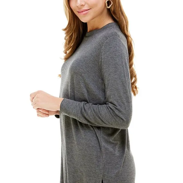 Charcoal Azules Women's Long Sleeve Side Split Loose Soft Casual Pullover Tunic Tops [Made in USA] - Prepack 2(s)-2(m)-2(l)-2(xl)