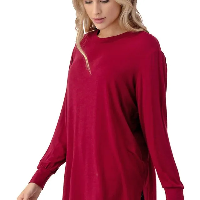 Wine Azules Women's Long Sleeve Side Split Loose Soft Casual Pullover Tunic Tops [Made in USA] - Prepack 2(s)-2(m)-2(l)-2(xl)