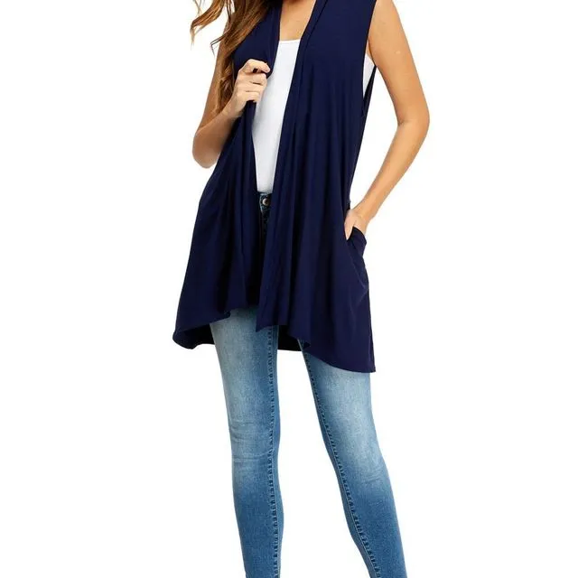 Navy Azules Women's Sleeveless Open-Front Vest Cardigan with Side Pockets [Made in USA] - Prepack 2(s)-2(m)-2(l)-2(xl),2(1x)-2(2x)-2(3x)