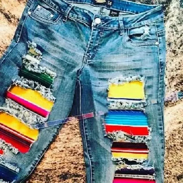Colorful Patches Ripped Jeans