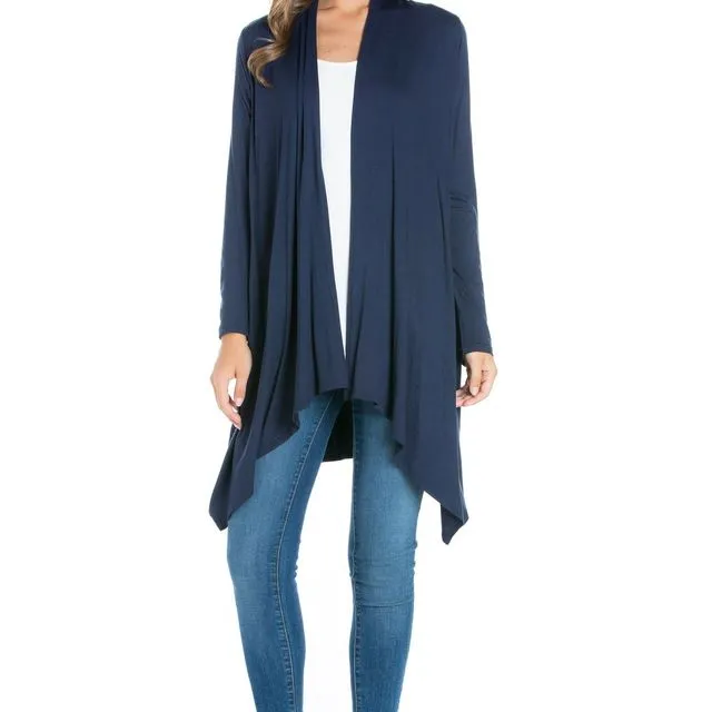 Navy AZULES Long Sleeve Open Front Drape Cardigan [Made in USA] - Prepack 2(s)-2(m)-2(l)-2(xl)