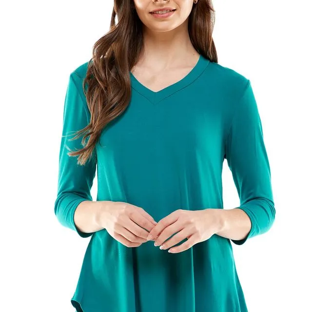 Dark Jade Azules Women's V Neck Tunic Top with 3/4 Sleeves, Loose-fitted Casual Top, Flowy, Soft Rayon Top (Made in USA) - Prepack 2(s)-2(m)-2(l)-2(xl),2(1x)-2(2x)-2(3x)