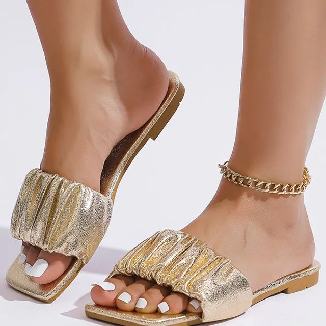 Fashion Square Toe Flat Slippers-Gold