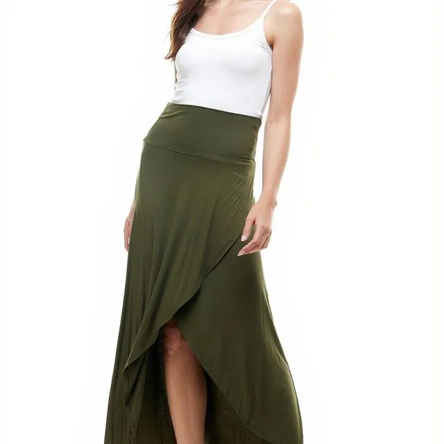 Army Green Azules Women's High Low Side Slit Hem [Made in USA] Maxi Skirt - Prepack 2(s)-2(m)-2(l)-2(xl)