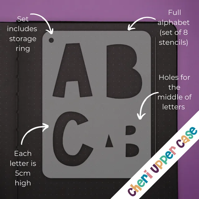 Pocket journal Stencil - Cheri font upper case - 5CM Alphabet