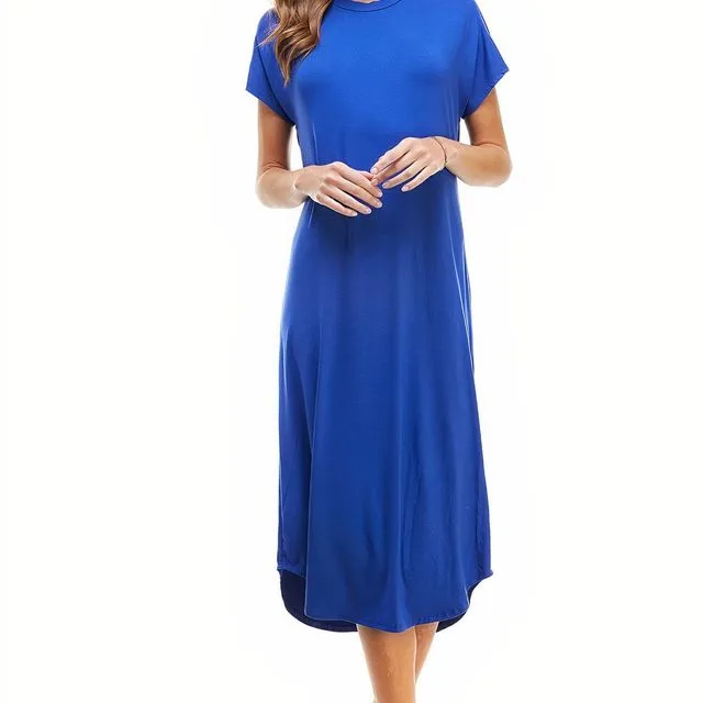 Royal Blue AZULES Women's Loose fit Crew Neck Hem Midi Dress [Made in USA] - Prepack 2(s)-2(m)-2(l)-2(xl)