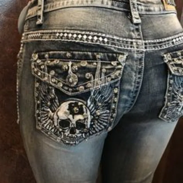 Retro embroidered skull beaded stretch high-waisted thin flared punk jeans