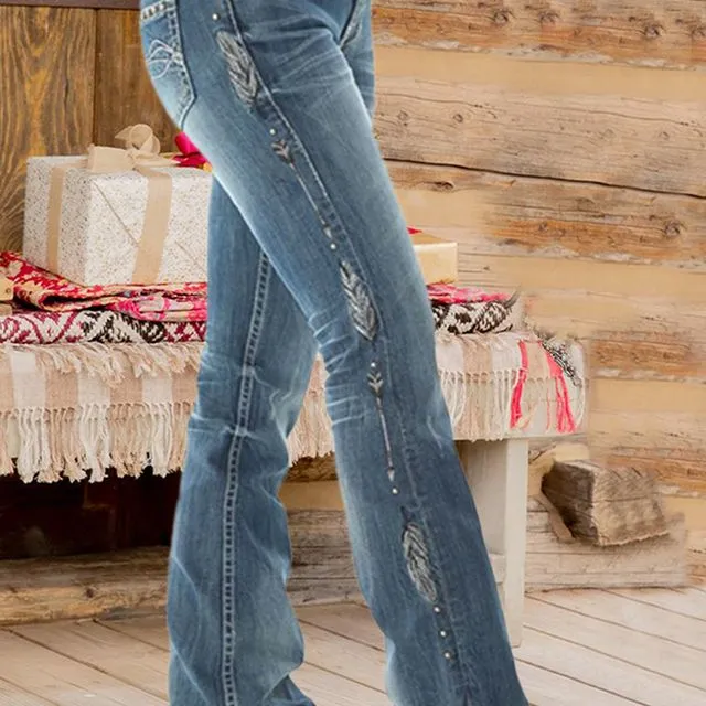Mid-rise Feather Embroidery Bootcut Jeans