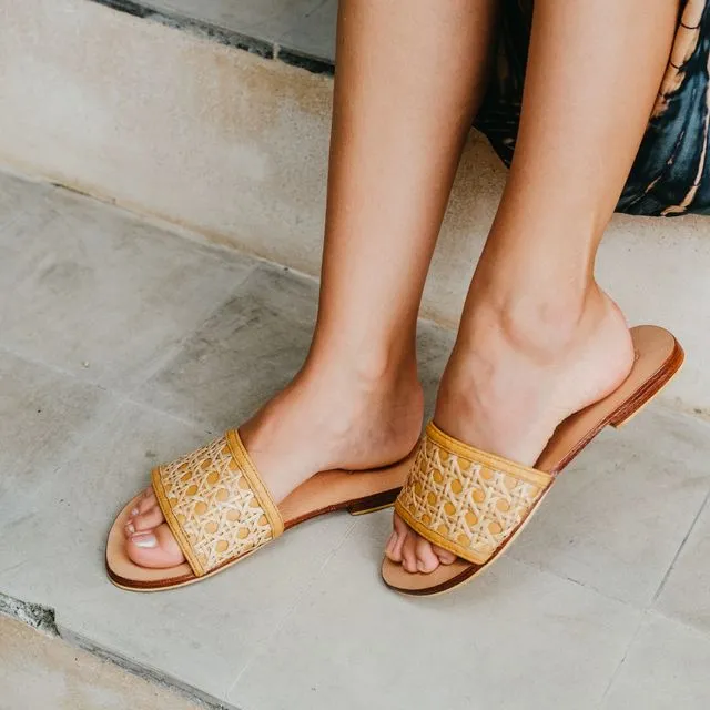 Amaya Cane and Leather Slide Sandals. Set of 4 pairs.