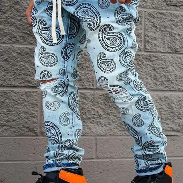 Pattern Print Ripped Slim Tapered Jeans