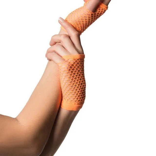 Fingerless Gloves Short Fishnet Neon Orange