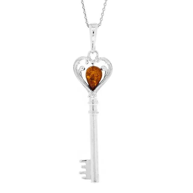 Classic Amber Key To Your Heart Pendant with 18" Trace Chain and Presentation Box